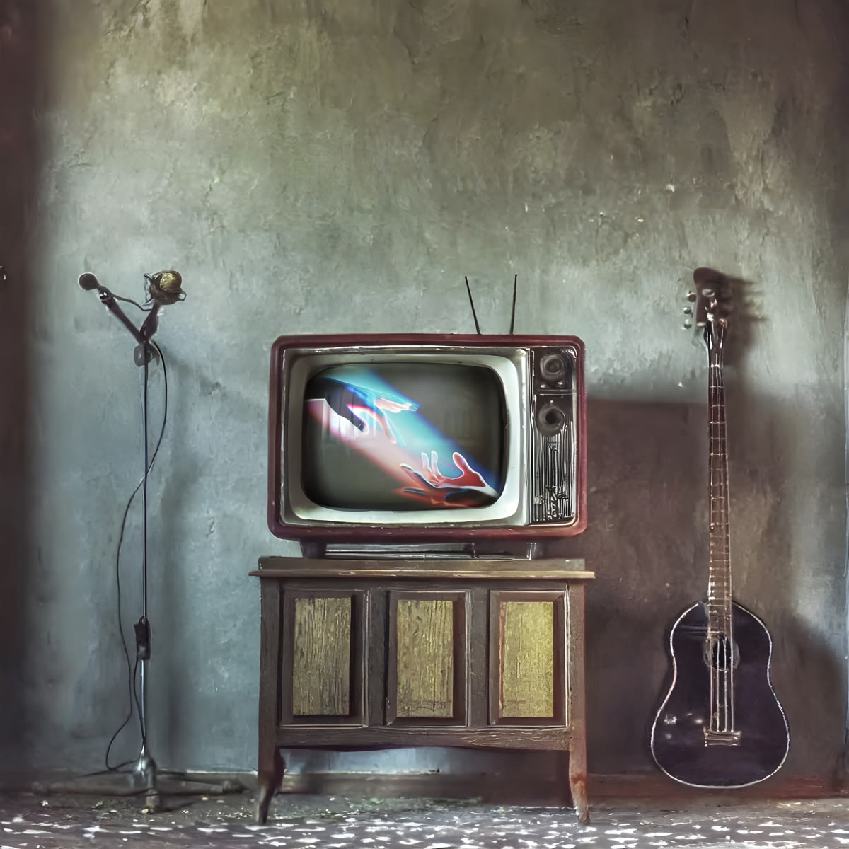 Concept cover: an old TV, microphone and guitar in an empty room