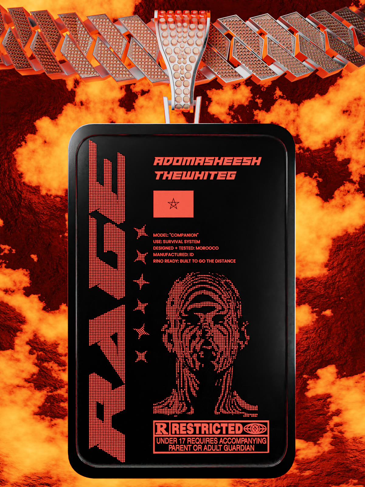 The RAGE pendant rendered in Blender against fire